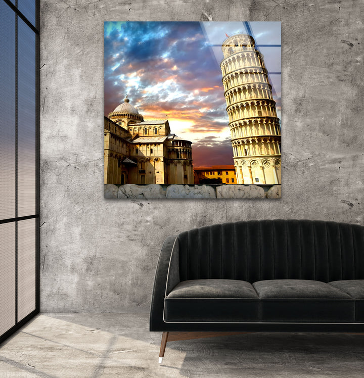 Glaswandkunst „Schiefer Turm von Pisa“ – Atemberaubender Blick auf Italiens Wahrzeichen bei Sonnenuntergang
