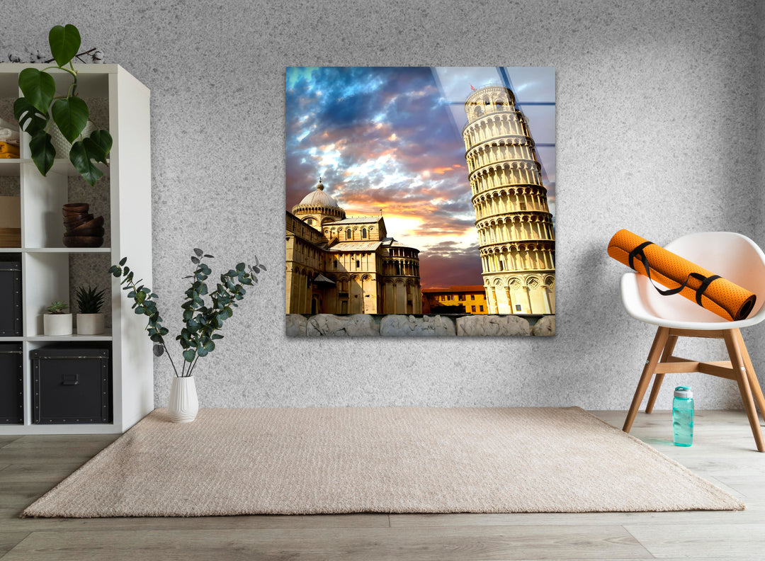 Glaswandkunst „Schiefer Turm von Pisa“ – Atemberaubender Blick auf Italiens Wahrzeichen bei Sonnenuntergang