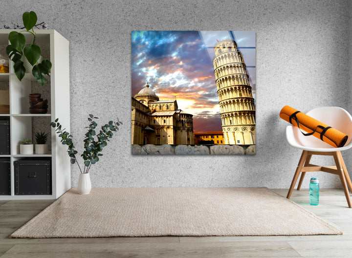 Glaswandkunst „Schiefer Turm von Pisa“ – Atemberaubender Blick auf Italiens Wahrzeichen bei Sonnenuntergang