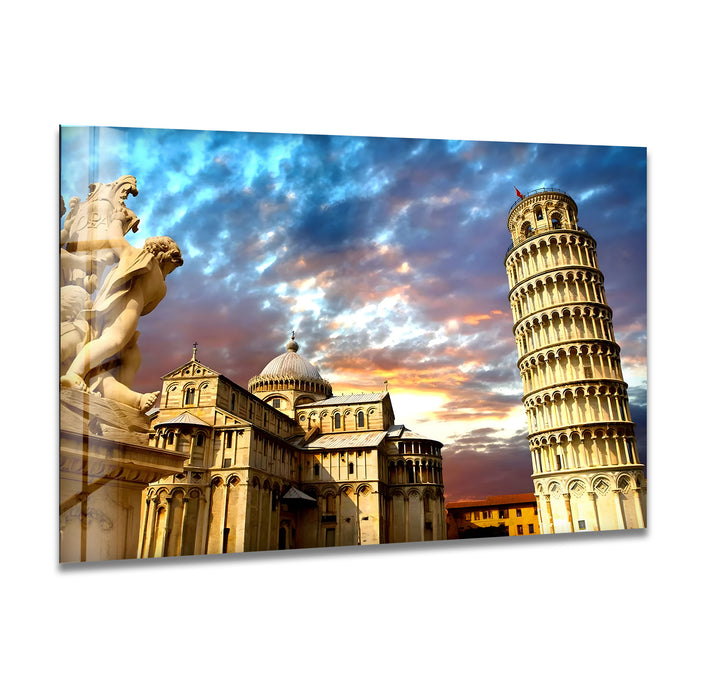 Glaswandkunst „Schiefer Turm von Pisa“ – Atemberaubender Blick auf Italiens Wahrzeichen bei Sonnenuntergang