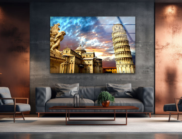 Glaswandkunst „Schiefer Turm von Pisa“ – Atemberaubender Blick auf Italiens Wahrzeichen bei Sonnenuntergang