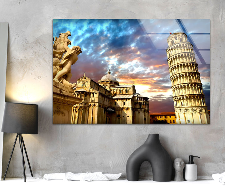Glaswandkunst „Schiefer Turm von Pisa“ – Atemberaubender Blick auf Italiens Wahrzeichen bei Sonnenuntergang
