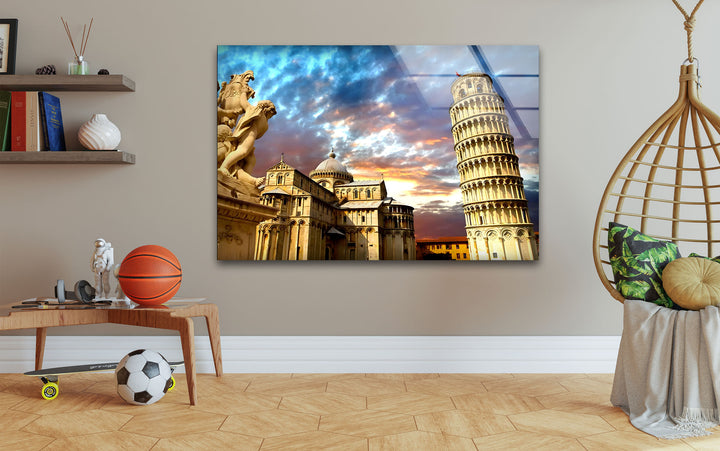Glaswandkunst „Schiefer Turm von Pisa“ – Atemberaubender Blick auf Italiens Wahrzeichen bei Sonnenuntergang