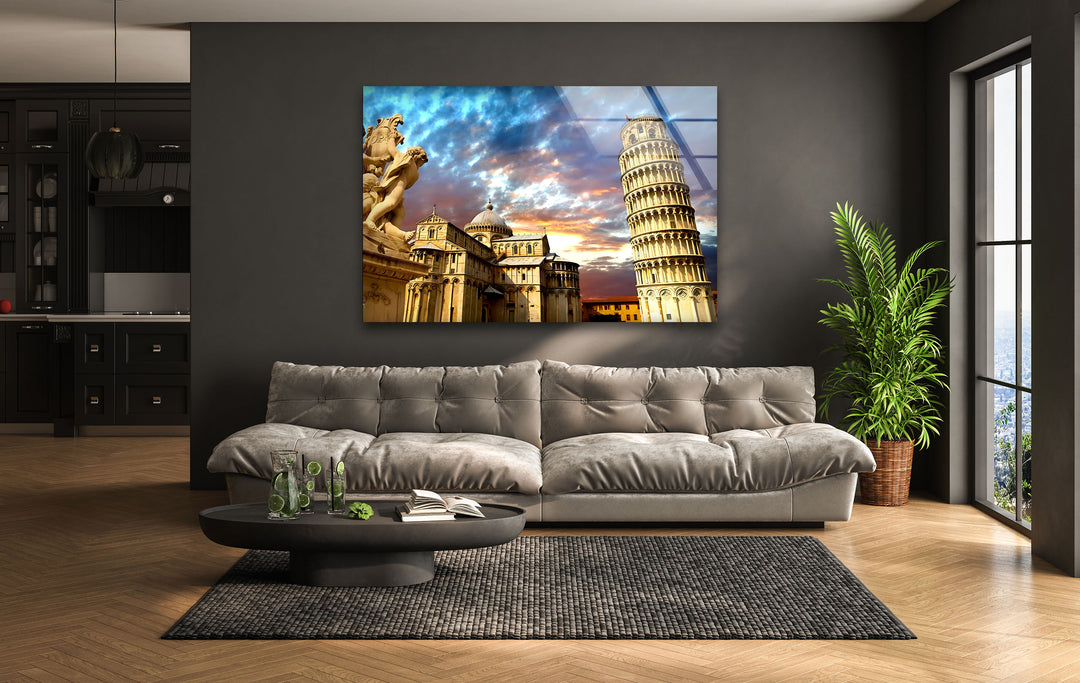 Glaswandkunst „Schiefer Turm von Pisa“ – Atemberaubender Blick auf Italiens Wahrzeichen bei Sonnenuntergang