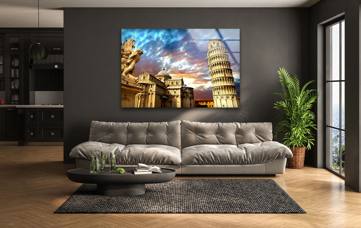Glaswandkunst „Schiefer Turm von Pisa“ – Atemberaubender Blick auf Italiens Wahrzeichen bei Sonnenuntergang