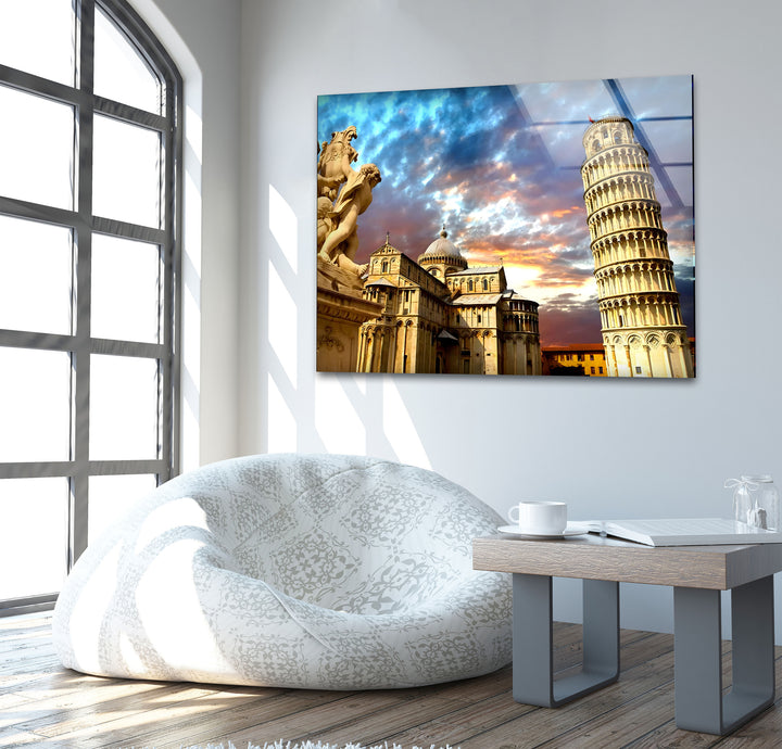 Glaswandkunst „Schiefer Turm von Pisa“ – Atemberaubender Blick auf Italiens Wahrzeichen bei Sonnenuntergang