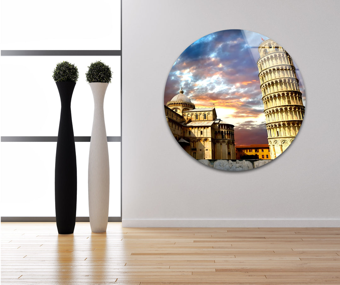 Glaswandkunst „Schiefer Turm von Pisa“ – Atemberaubender Blick auf Italiens Wahrzeichen bei Sonnenuntergang