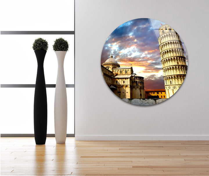 Glaswandkunst „Schiefer Turm von Pisa“ – Atemberaubender Blick auf Italiens Wahrzeichen bei Sonnenuntergang