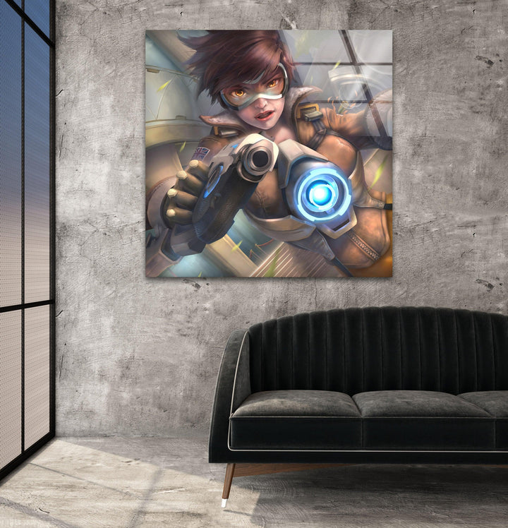 Tracer Overwatch 2 Glass Wall Art picture on glass wall art, photos printed on glass
