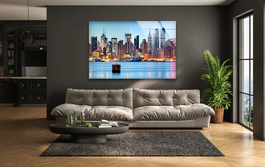 City Prints featuring New York City Skyline glossy glass wall art showing an iconic Manhattan Skyline and stunning waterfront view plus modern decor