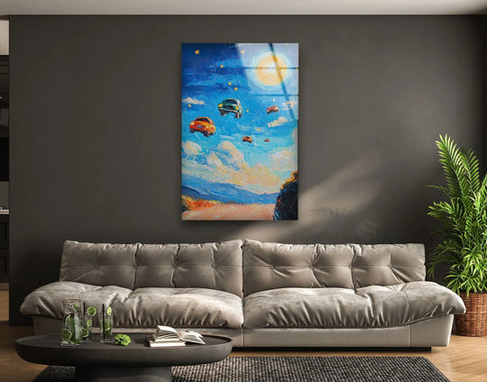 Vivid contrasting blues and yellows illuminate the surreal 'Under The Dome Cars Are Flying' best glass art with a dreamlike glow.