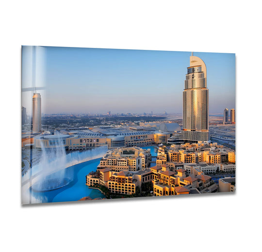 Organic shapes ripple through this Dubai skyline glass wall art, showcasing the Burj Khalifa alongside architectural wall prints featuring striking curvatures.