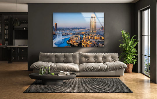 Cascading fountains create a sense of movement within the Burj Khalifa unique modern wall decor, capturing the vibrant energy of Dubai's iconic landmark and stunning skyline view.