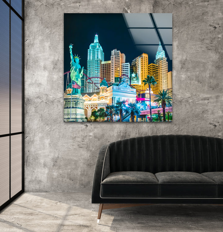 New York New York Hotel Glaswandkunst – Kultiges Wahrzeichen von Las Vegas mit Replik der Freiheitsstatue