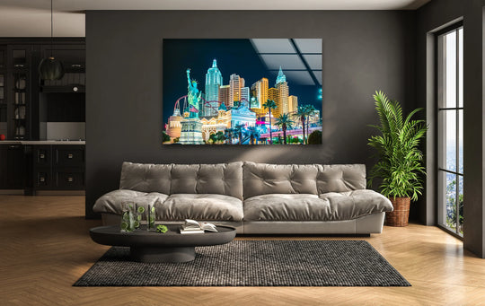 City Prints glass wall art glossy with a New York Nights City Skyline view and modern skyline decor for home or office