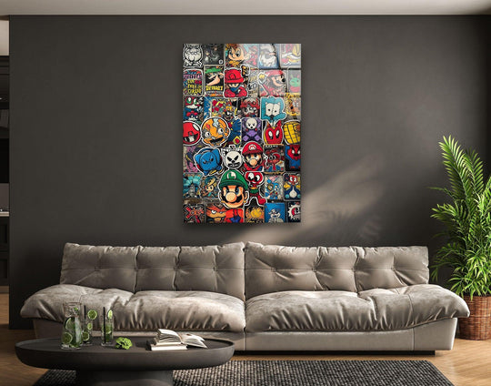 Exploring the abstract quality of this retro arcade mashup, the pop culture collage design lends itself to a vibrant and modern print wall art display with tempered glass construction.