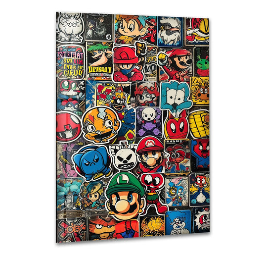 Sparse negative space surrounds the stacked retro arcade characters in this vibrant, pop culture collage print wall art on glass.