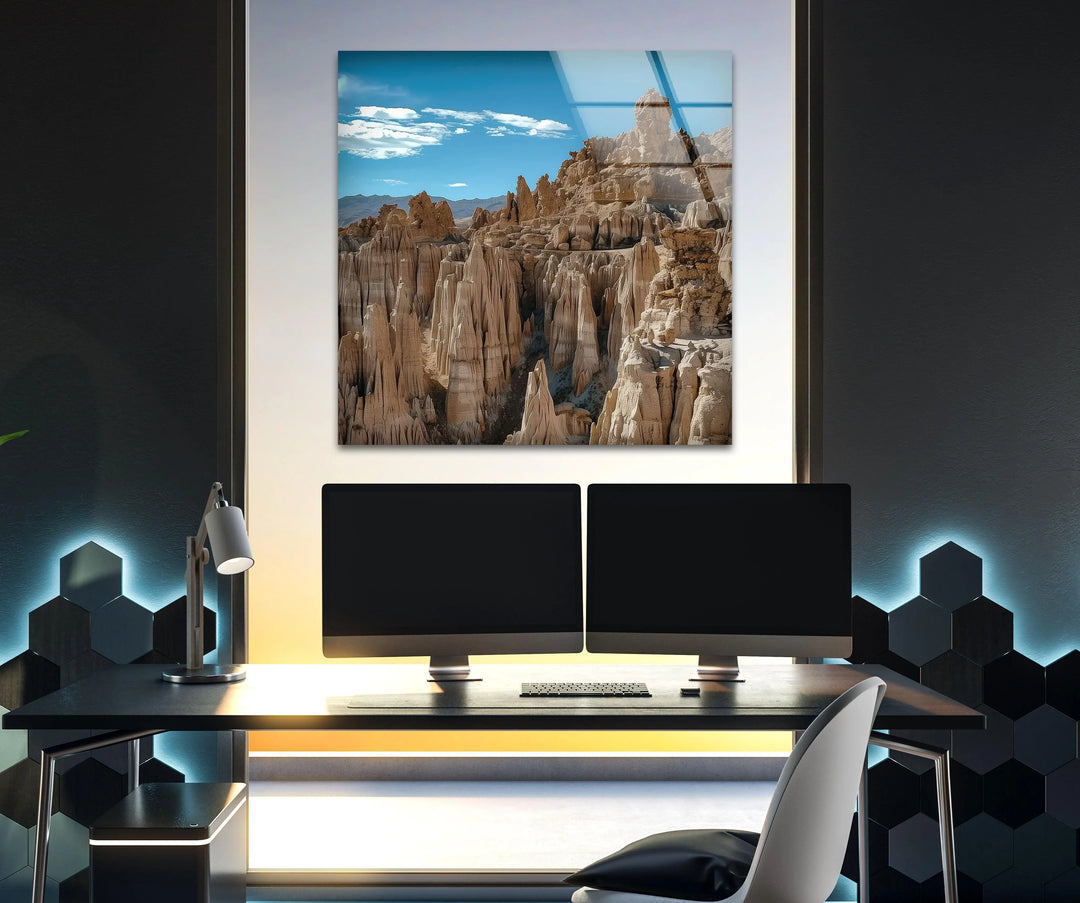 Large glass wall decor portraying an awe-inspiring canyon view.
