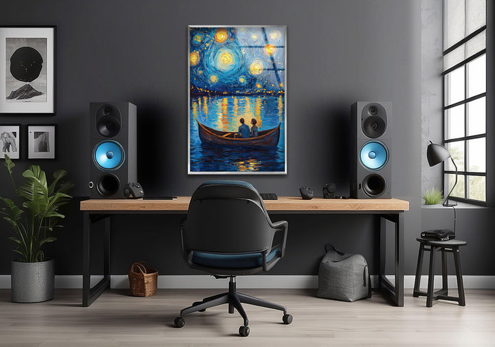 Van Gogh Oil Painting Starry Sky Glass Wall Art custom glass pictures, glass art prints
