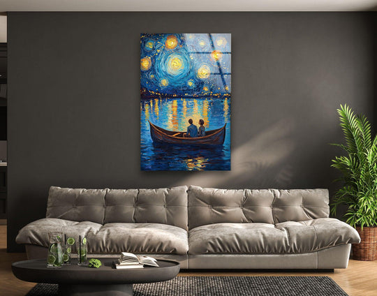A couple in a boat under a starry sky, surrounded by expansive negative space and rich blues, perfect for home decoration.