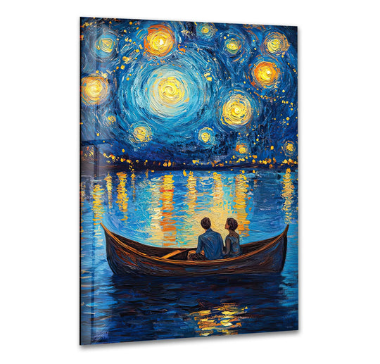 A couple in a boat observe a swirling navy sky filled with geometric yellow circles and small yellow dots, displayed as glass art.