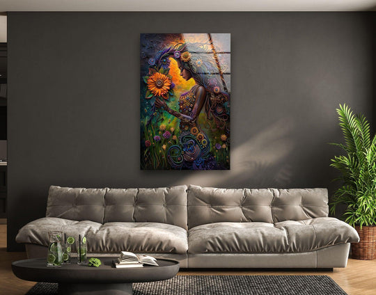 The organic forms of the colorful floral woman are highlighted in this abstract glass art, creating a beautiful and eye-catching piece of glass art.