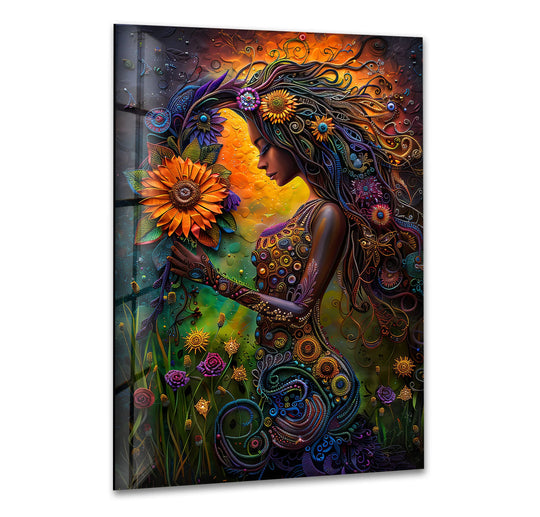 Capturing the realistic detail, the colorful floral woman abstract shows a unique tempered glass wall art portraying a nature-inspired woman in rich, bright tones.