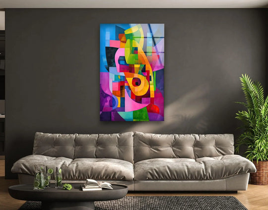 Vivid abstract colored glass wall art is the loudest element, boasting a vibrant, multi-hued composition of geometric and organic shapes.