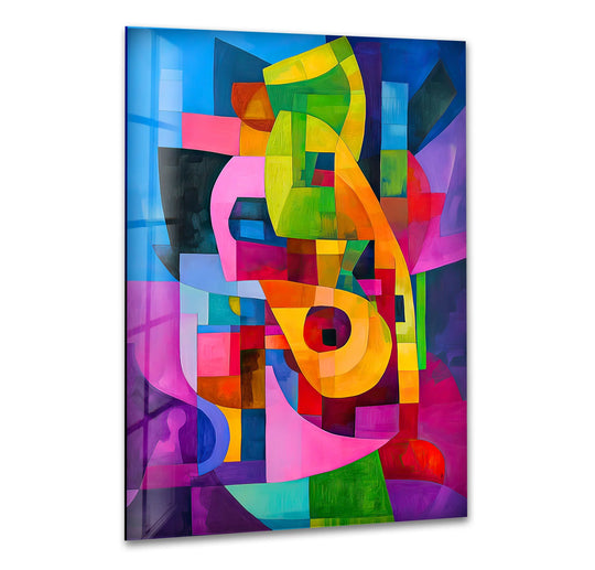 A plush, softly curved pink shape blends seamlessly into vibrant abstract glass wall art.