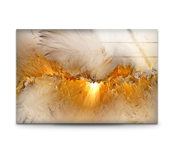 Golden Feather Storm Wall Art – Abstract Light Burst Glass Print