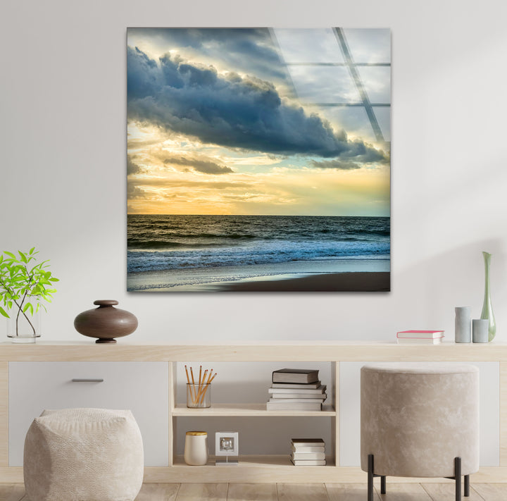 Stormy Sky Ocean Wall Art – Dramatic Cloudy Beach Glass Print for Modern Coastal Interiors