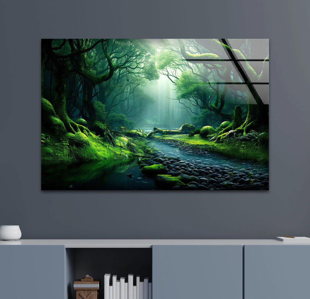 Mystical Enchanted Forest Stream Wall Art – Lush Green Nature Glass Print - MyPhotoStation