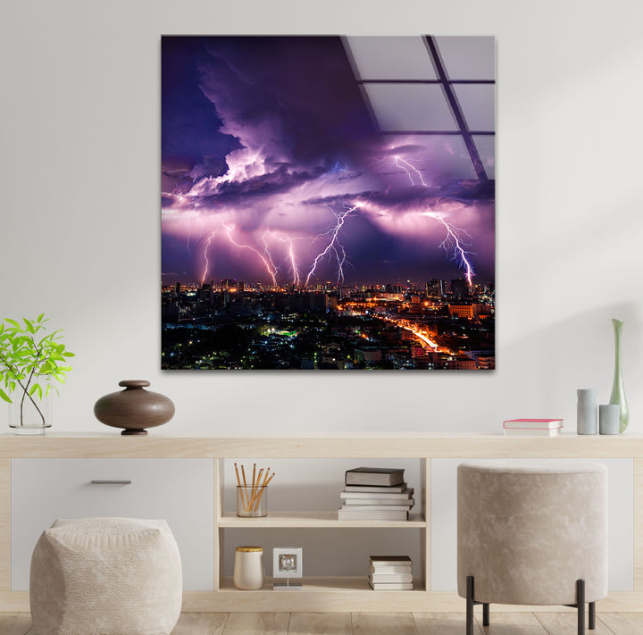 Purple Lightning Storm Over Cityscape – Dramatic Night Sky Glass Wall Art