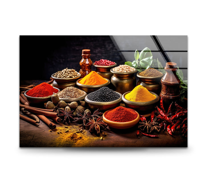 Colorful Indian Spice Wall Art – Exotic Kitchen Glass Print with Rustic Herbs & Seasonings