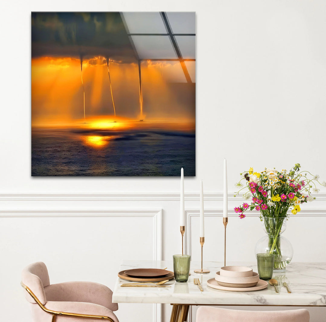 Golden Ocean Sunset with Rain Funnels – Dramatic Seascape Glass Wall Art - MyPhotoStation