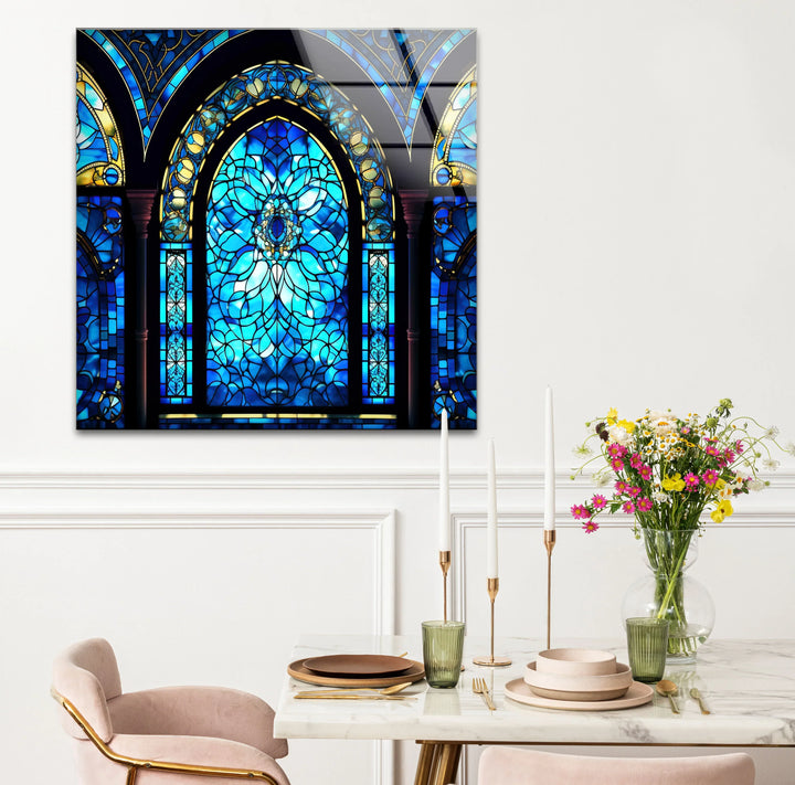 Gothic Blue Stained Glass Wall Art – Elegant Arched Window Design, Vintage Cathedral-Inspired Home Decor - MyPhotoStation