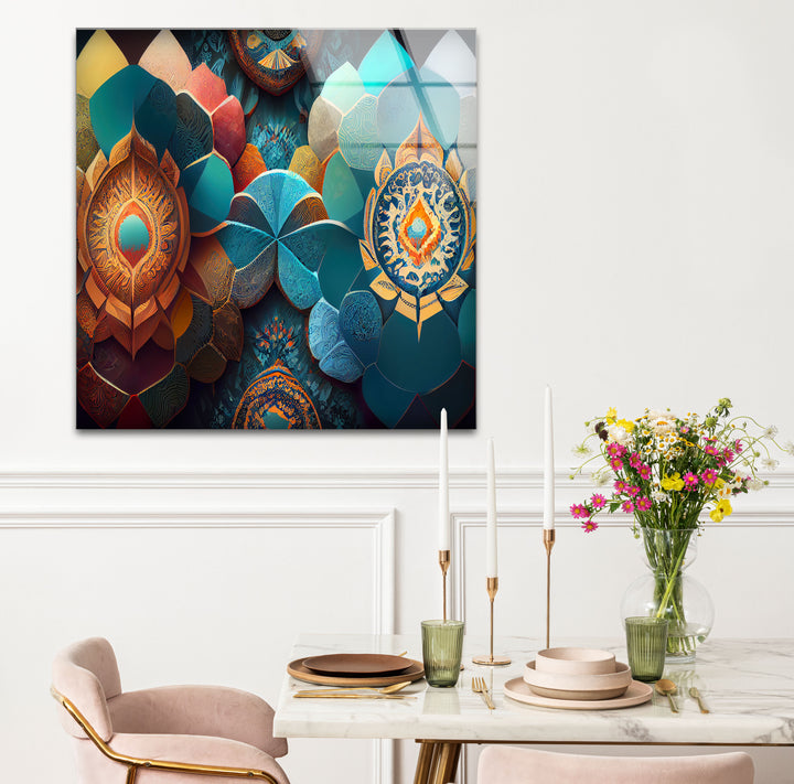 Luxuriöse Mandala-Wandkunst aus Glas – Abstraktes geometrisches Blumendesign