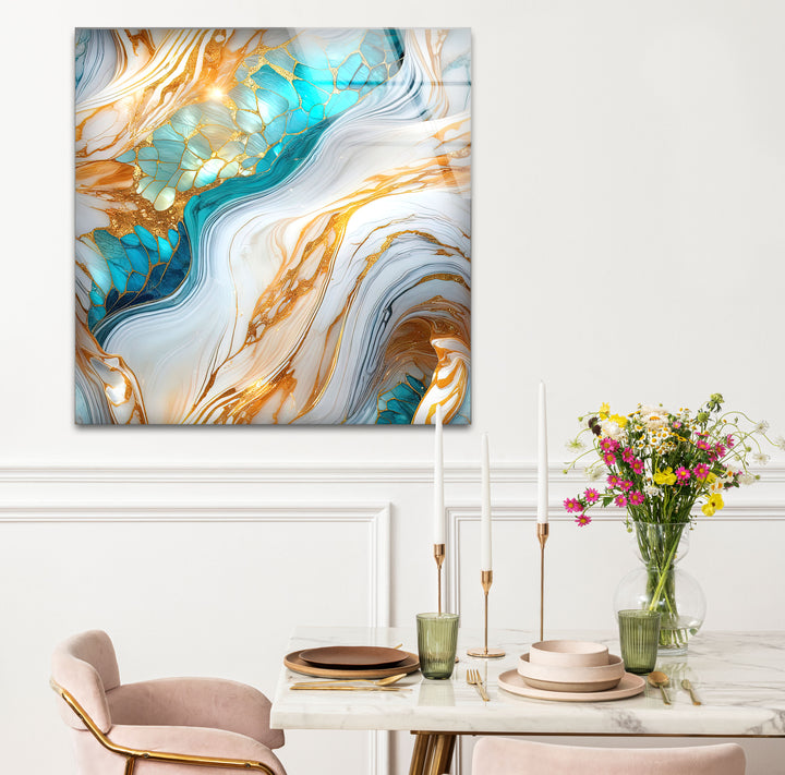 Luxuriöse Wandkunst aus goldenem und türkisfarbenem Marmor – Abstraktes, fließendes Design für moderne Innenräume