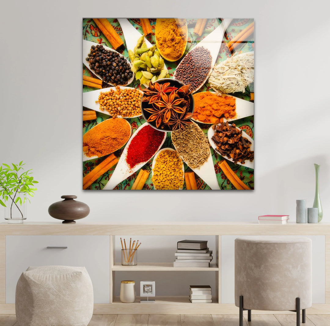 Colorful Indian Spices Wall Art – Kitchen Glass Print with Aromatic Herb Display for Culinary Decor - MyPhotoStation