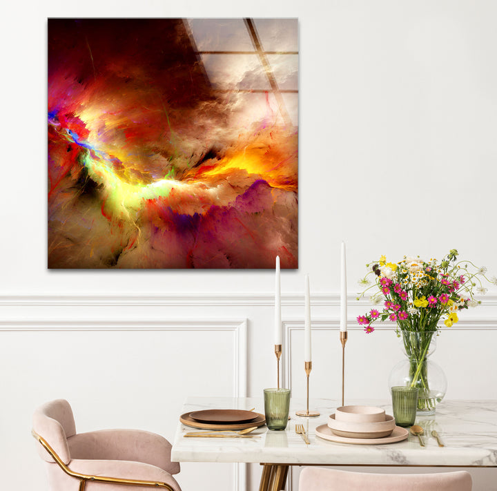 Fiery Nebula Explosion Wall Art – Abstract Cosmic Storm Glass Print Decor