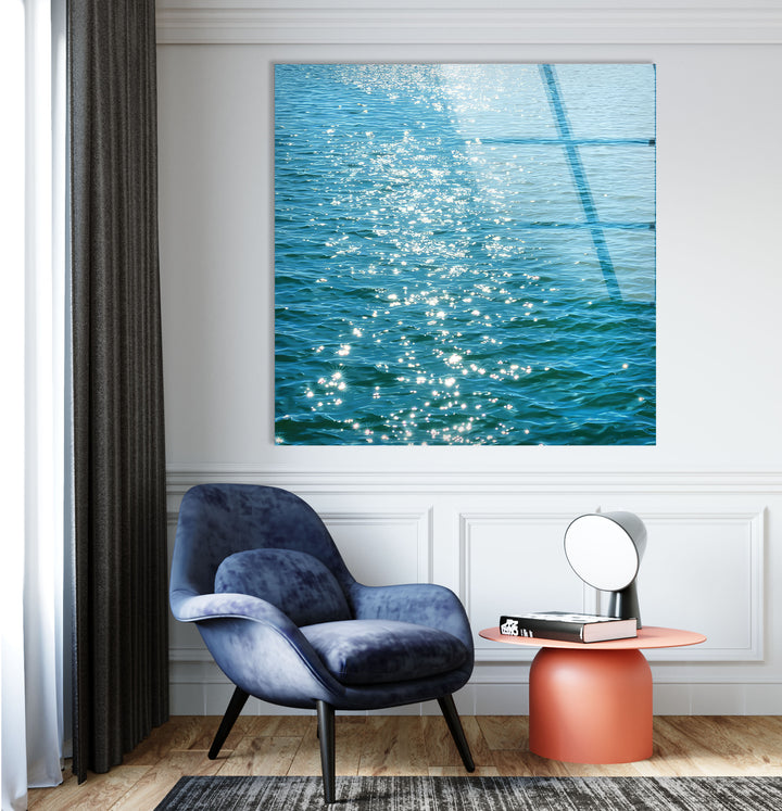 Sonnenbeschienene Meeresoberfläche Wandkunst – Minimalistischer Seeglasdruck 