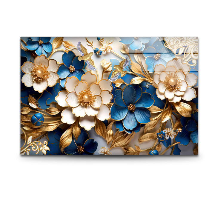 Elegante blau-goldene florale Wandkunst – 3D-Glasplatte für moderne Innenräume