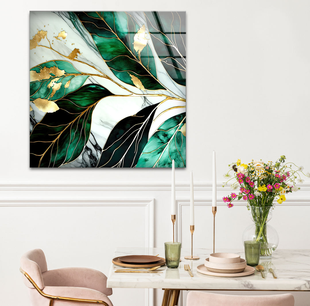 Gold & Emerald Botanical Glass Wall Art – Luxury Green Leaf Design