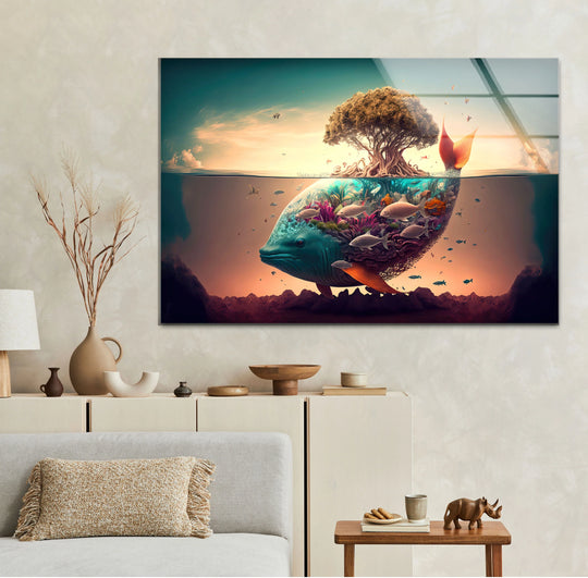 Surreal Whale Ecosystem Wall Art – Tree of Life Fantasy Glass Print - MyPhotoStation