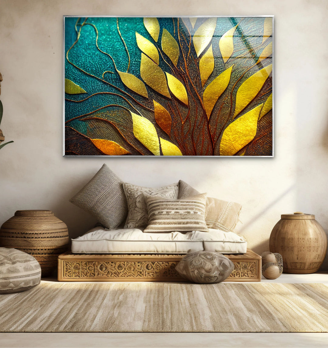 Golden Leaf Tree Glass Wall Art – Elegant Botanical Design with Teal & Amber Accents - MyPhotoStation