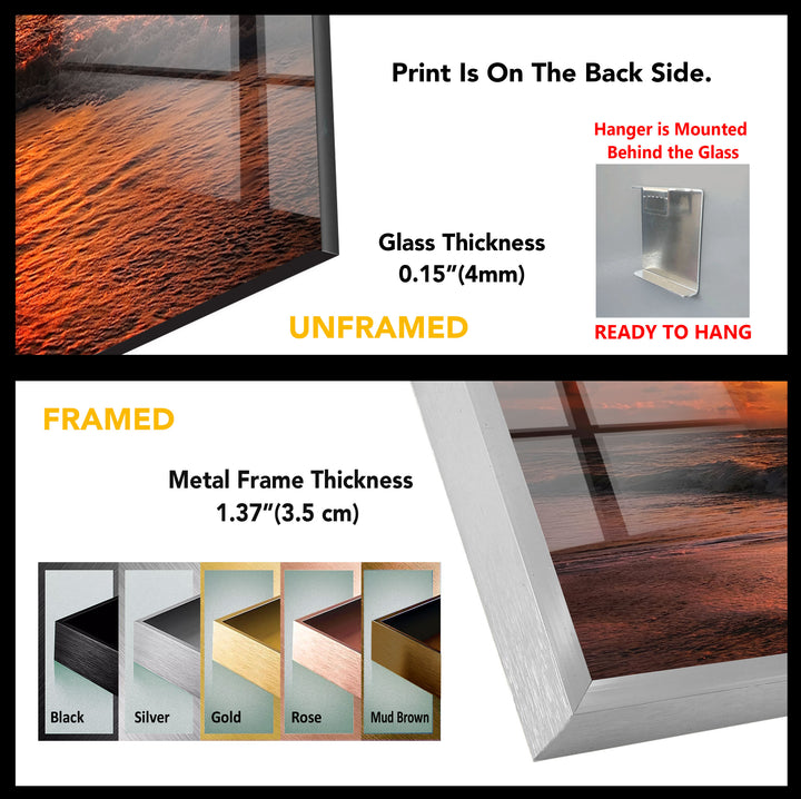 Fiery Sunset Ocean Wall Art – Bold Coastal Glass Print for Dramatic and Modern Interiors