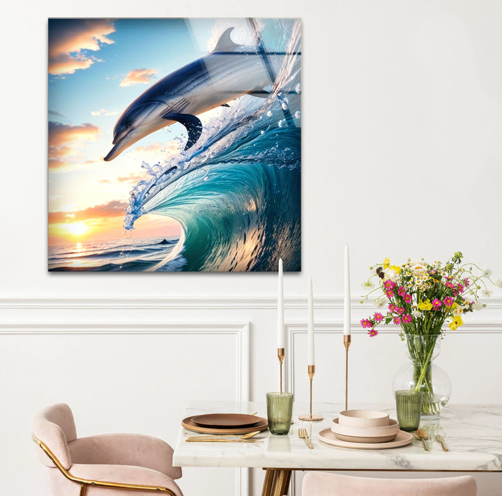 Jumping Dolphin Glass Wall Art – Ocean Wave Sunset Scene for Coastal Decor - MyPhotoStation