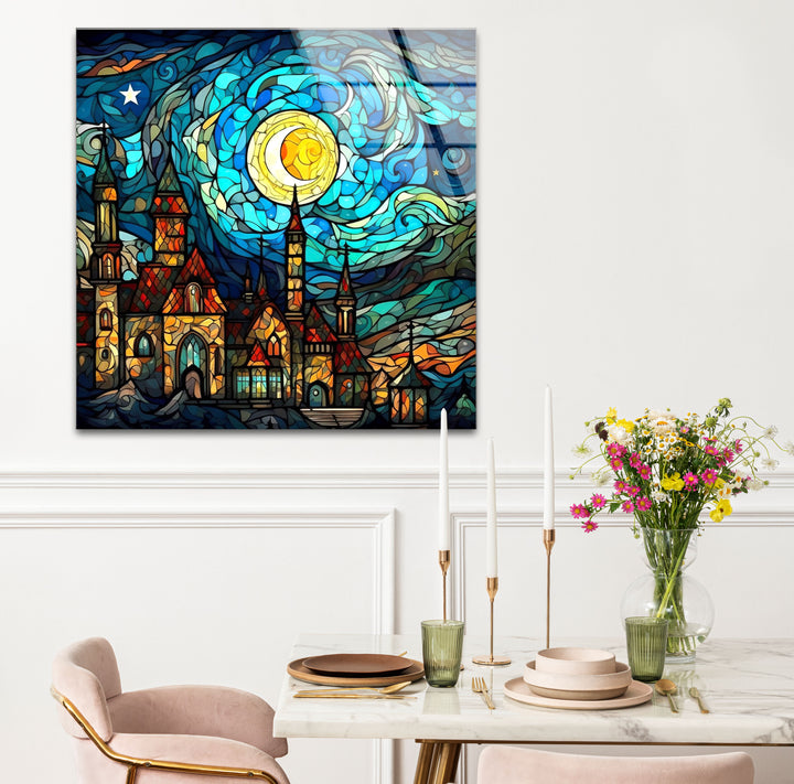 Van Gogh Sternennacht Schloss Glaswandkunst – Buntglas-inspiriert 