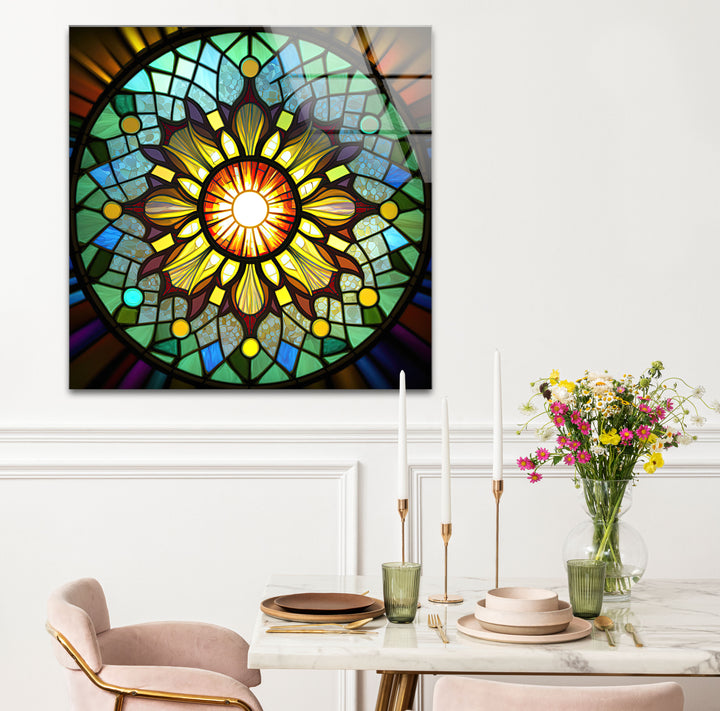 Strahlende Buntglas-Wandkunst mit Sonnenstrahlen – Buntes Mandala-Fensterpaneel 