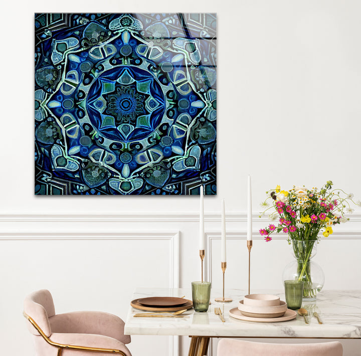 Blue Mandala Glass Wall Art – Intricate Geometric Design, Modern Home & Office Decor